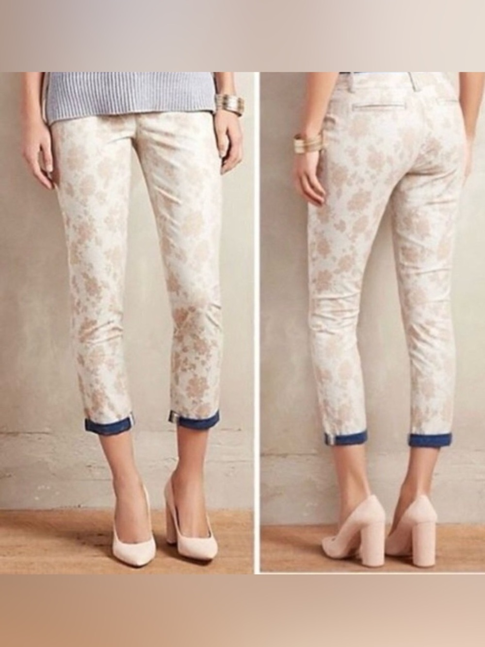 Anthro Cartonnier Charlie Trouser Pants Size 2 Beige Floral Cropped